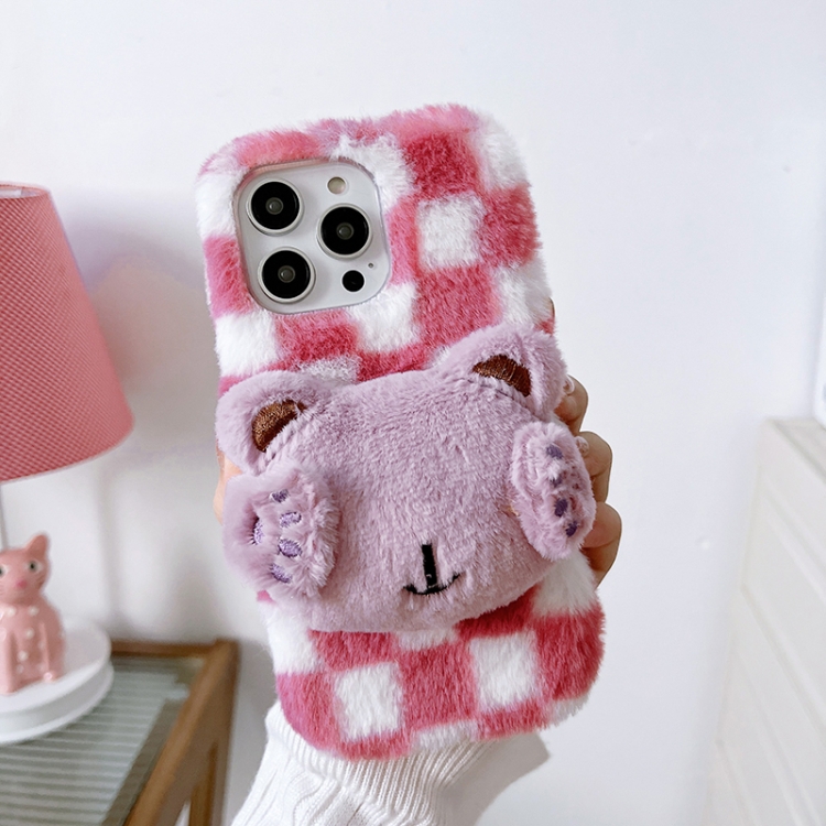 

For iPhone 14 Pro Max Cute Eye Bear Plush TPU Phone Case(Pink White)