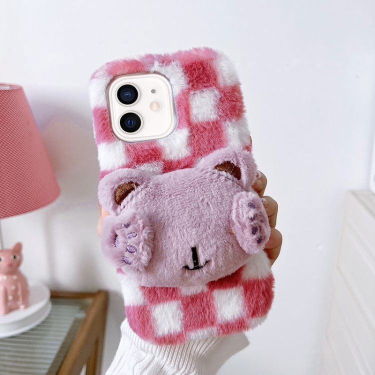 

For iPhone 12 Cute Eye Bear Plush TPU Phone Case(Pink White)