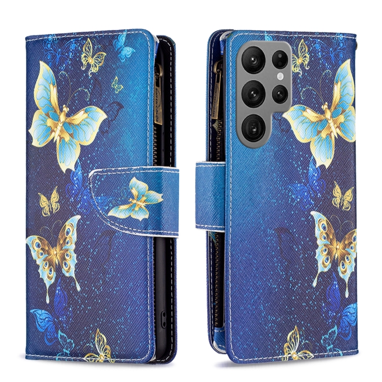 

For Samsung Galaxy S23 Ultra 5G Colored Drawing Pattern Zipper Leather Phone Case(Gold Butterfly)