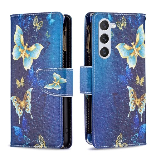 

For Samsung Galaxy S23 5G Colored Drawing Pattern Zipper Leather Phone Case(Gold Butterfly)