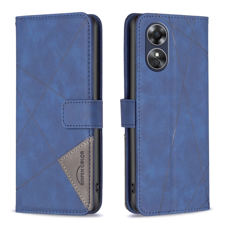 

For OPPO A17 Magnetic Buckle Rhombus Texture Leather Phone Case(Blue)