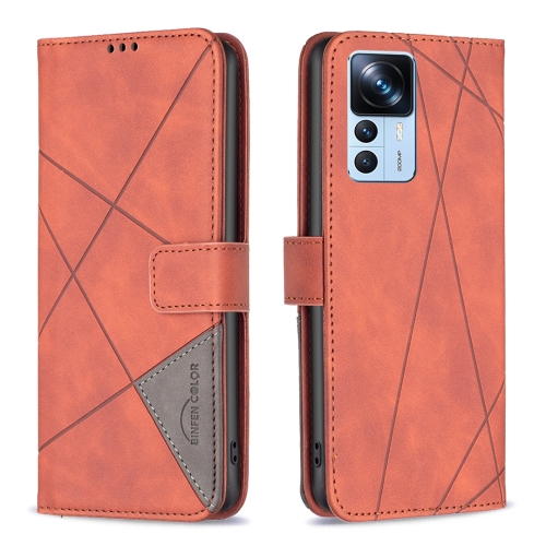 

For Xiaomi 12T / 12T Pro / Redmi K50 Ultra Magnetic Buckle Rhombus Texture Leather Phone Case(Brown)