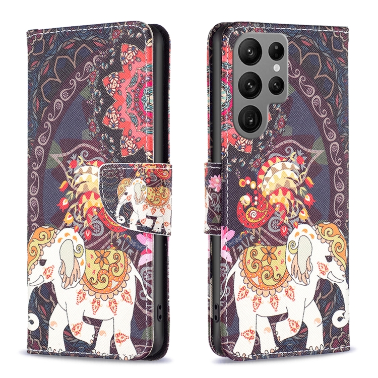 

For Samsung Galaxy S23 Ultra 5G Colored Drawing Pattern Leather Phone Case(Flowers Elephant)
