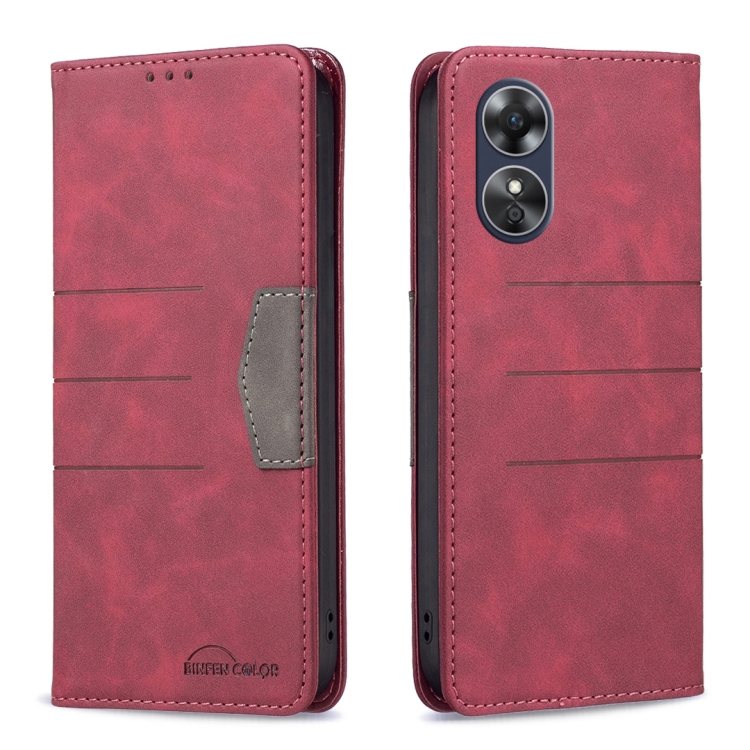 

For OPPO A17 BF10 Color Block Magnetic Flip Leather Phone Case(Red)