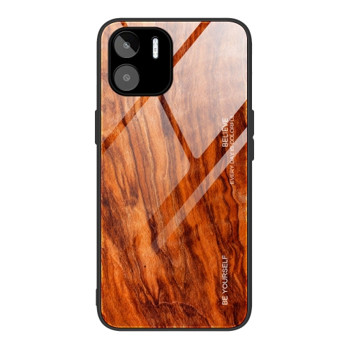 

For Xiaomi Redmi A1 4G Wood Grain Glass Phone Case(Light Brown)