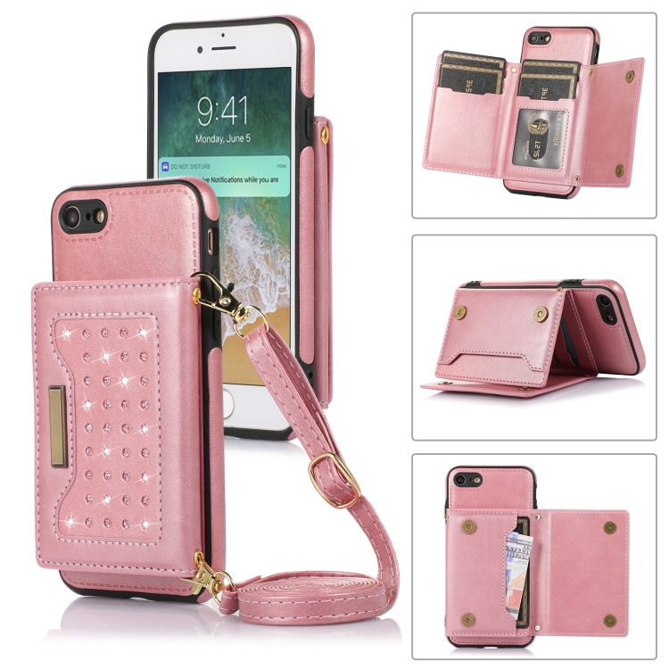 

For iPhone 6/6s Three-fold RFID Leather Phone Case with Lanyard(Rose Gold)