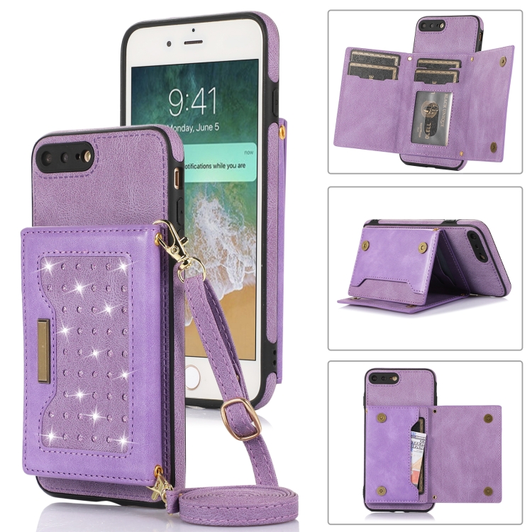 

For iPhone 7 Plus/8 Plus Three-fold RFID Leather Phone Case with Lanyard(Purple)