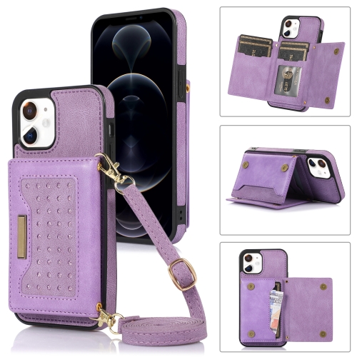 

For iPhone 11 Three-fold RFID Leather Phone Case with Lanyard(Purple)