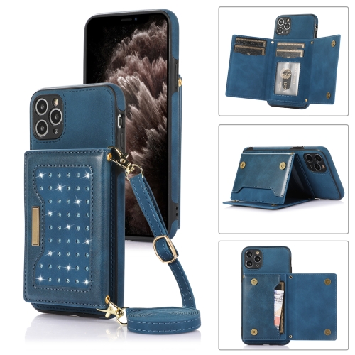 

For iPhone 11 Pro Three-fold RFID Leather Phone Case with Lanyard(Blue)