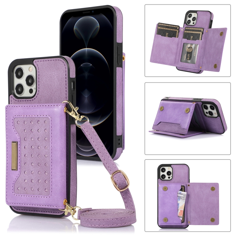 

For iPhone 12 Pro Max Three-fold RFID Leather Phone Case with Lanyard(Purple)