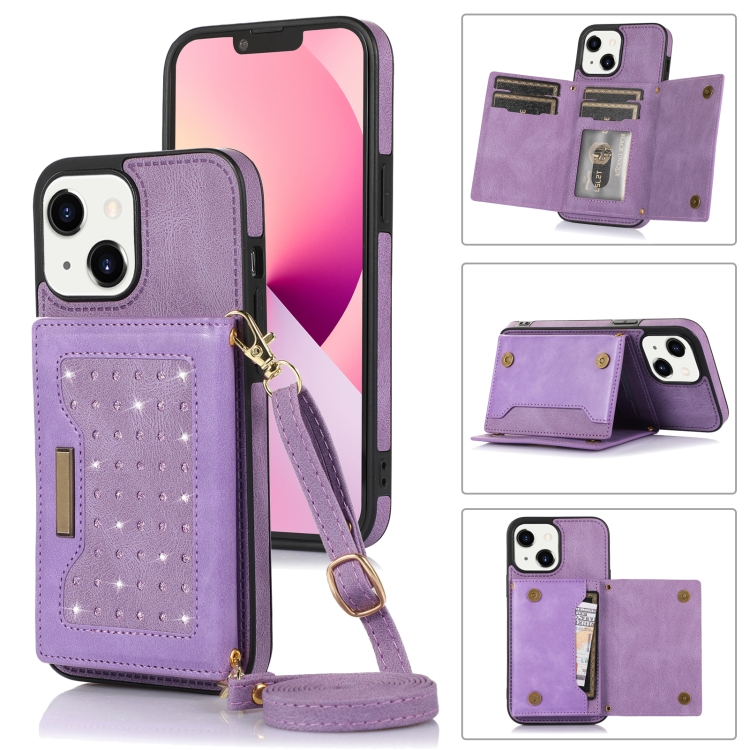 

For iPhone 13 Three-fold RFID Leather Phone Case with Lanyard(Purple)