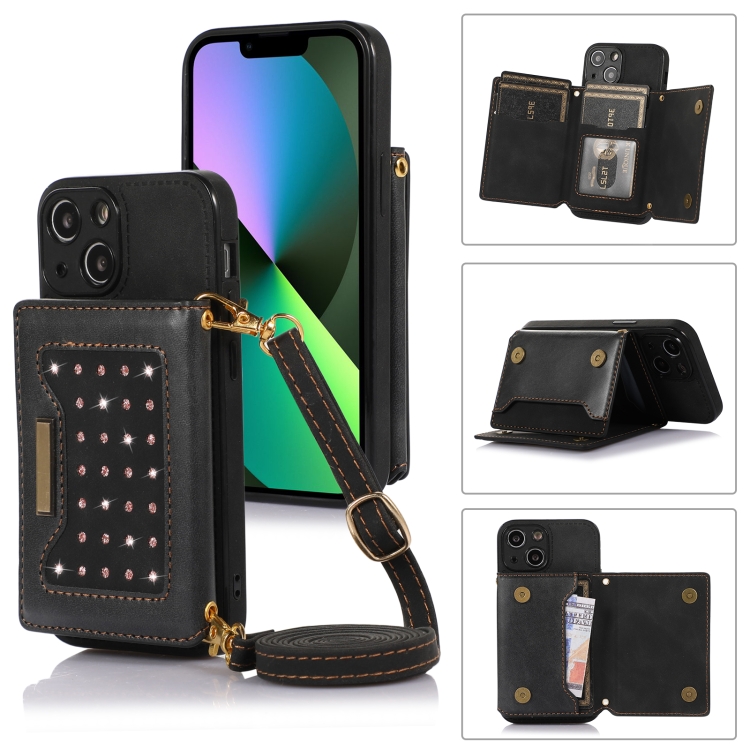 

For iPhone 13 Mini Three-fold RFID Leather Phone Case with Lanyard(Balck)