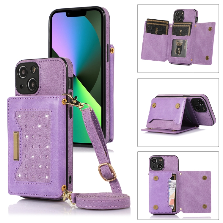 

For iPhone 13 Mini Three-fold RFID Leather Phone Case with Lanyard(Purple)