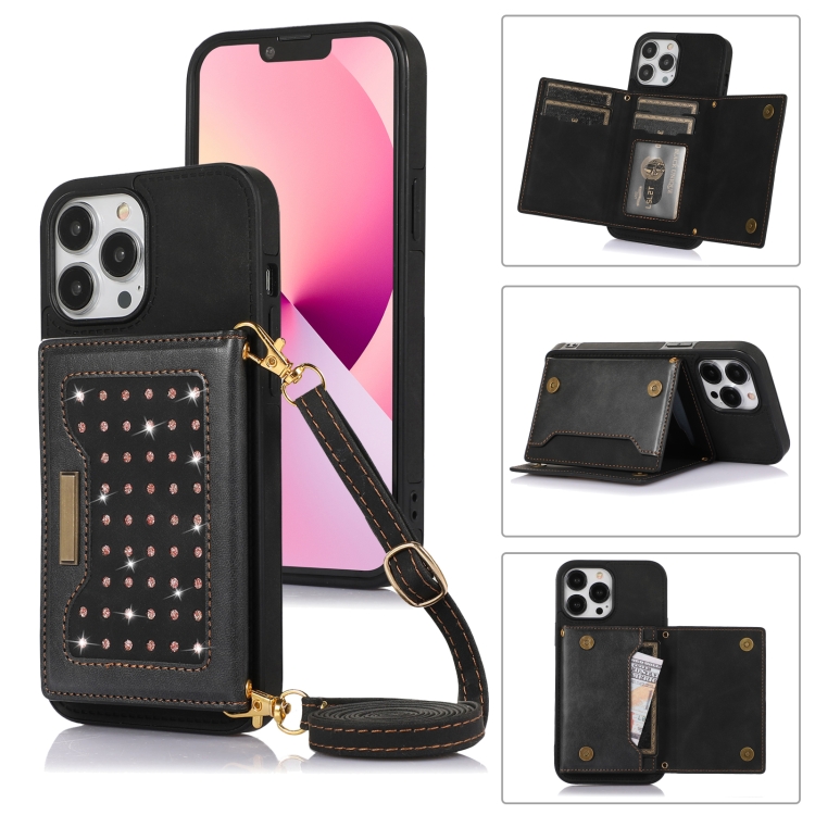 

For iPhone 13 Pro Max Three-fold RFID Leather Phone Case with Lanyard(Balck)