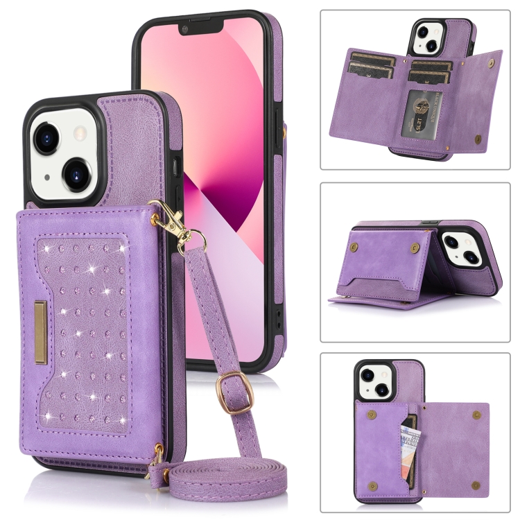 

For iPhone 14 Three-fold RFID Leather Phone Case with Lanyard(Purple)