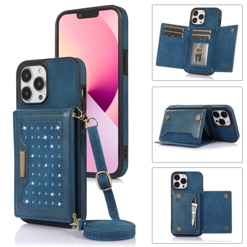 

For iPhone 14 Pro Three-fold RFID Leather Phone Case with Lanyard(Blue)