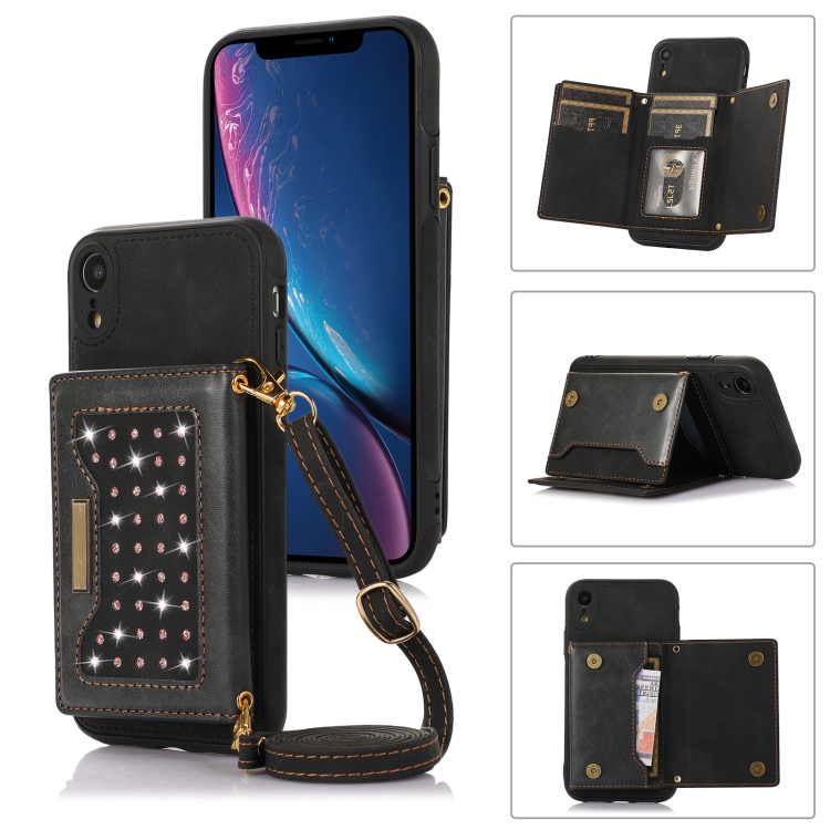 

For iPhone XR Three-fold RFID Leather Phone Case with Lanyard(Balck)