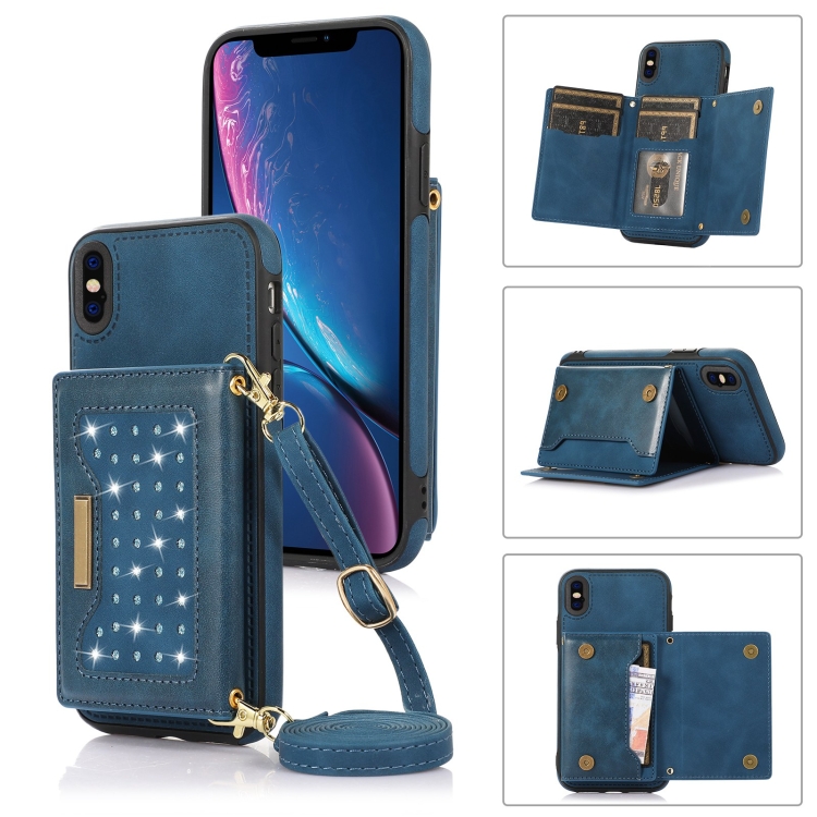 

For iPhone XS Three-fold RFID Leather Phone Case with Lanyard(Blue)