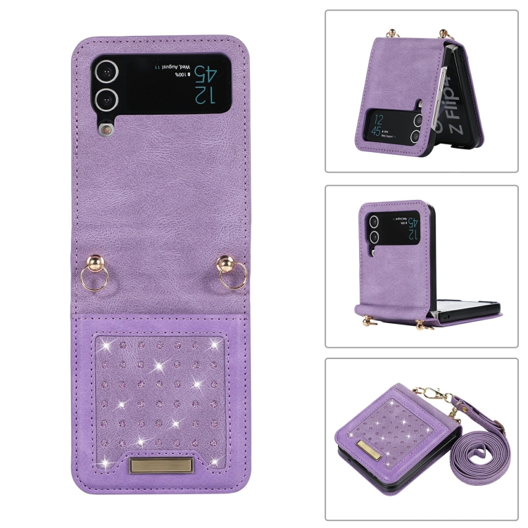 

For Samsung Galaxy Z Flip4 Three-fold RFID Leather Phone Case with Lanyard(Purple)