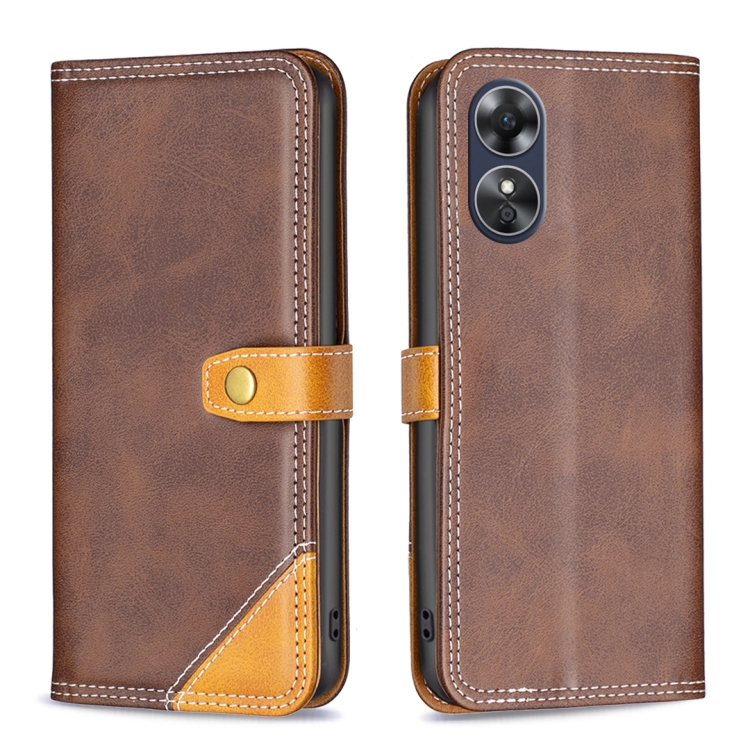 

For OPPO A17 Color Matching Double Sewing Thread Leather Phone Case(Brown)