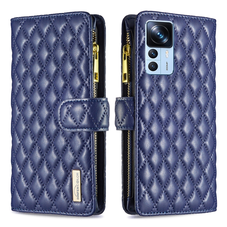 

For Xiaomi 12T / 12T Pro / Redmi K50 Ultra Diamond Lattice Zipper Wallet Leather Flip Phone Case(Blue)