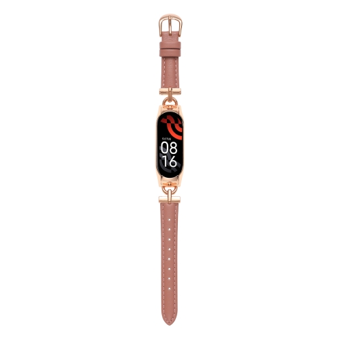 

For Xiaomi Mi Band 7 D-shaped Steel + Genuine Leather Watch Band(Rose Bean Paste)