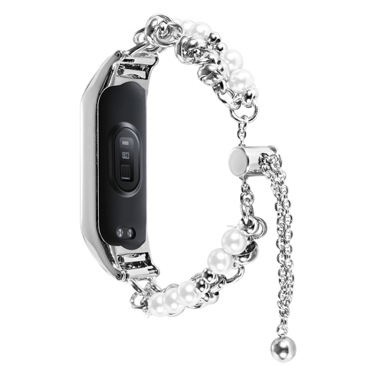 

For Xiaomi Mi Band 7 Double Pearl Bead String Metal Watch Band(Silver)