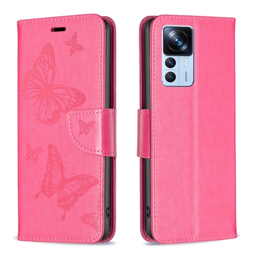 

For Xiaomi 12T / 12T Pro / Redmi K50 Ultra Embossing Two Butterflies Pattern Leather Case(Rose Red)