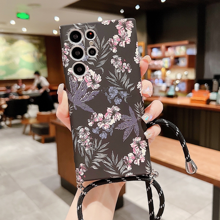 

For Samsung Galaxy S22 5G Small Floral Lanyard Phone Case(Black White Flower)