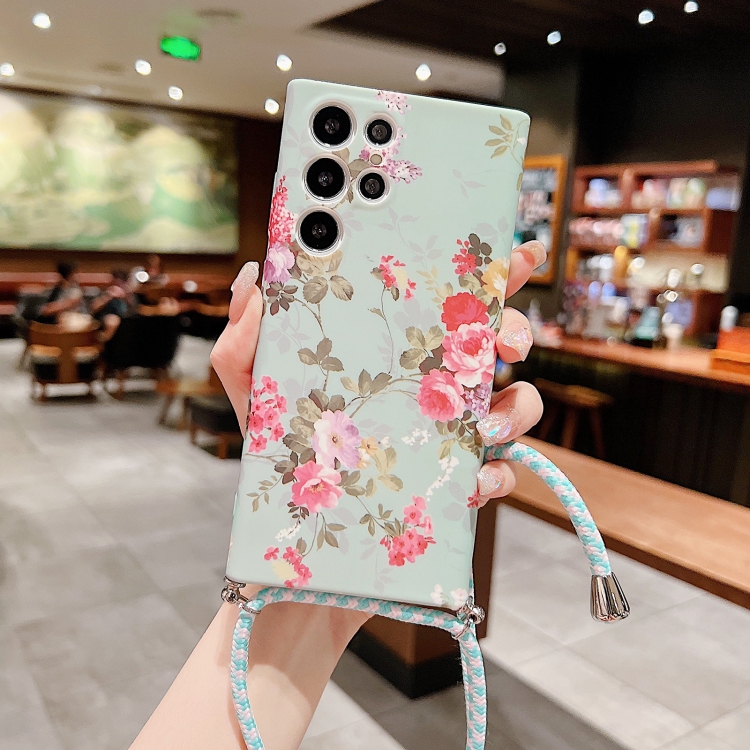 

For Samsung Galaxy S21 Ultra 5G Small Floral Lanyard Phone Case(Green)