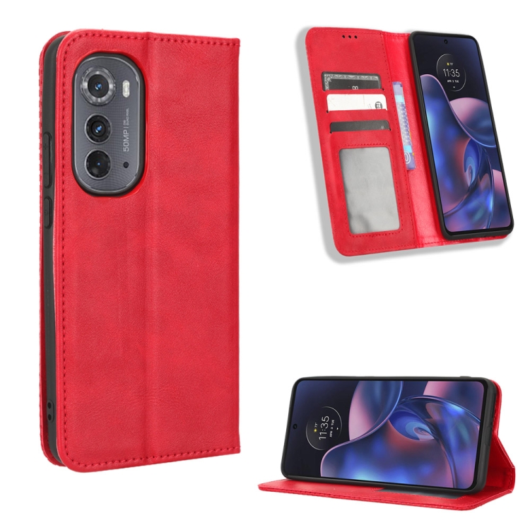 

For Motorola Edge 2022 Magnetic Buckle Retro Texture Leather Phone Case(Red)