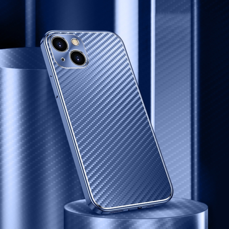 

For iPhone 14 Pro Metal Frame Carbon Fiber Phone Case(Blue)