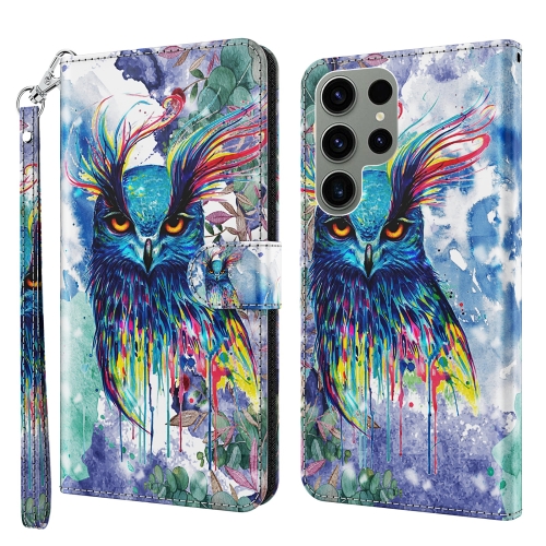 

For Samsung Galaxy S23 ultra 5G 3D Painting Pattern TPU + PU Phone Case(Watercolor Owl)