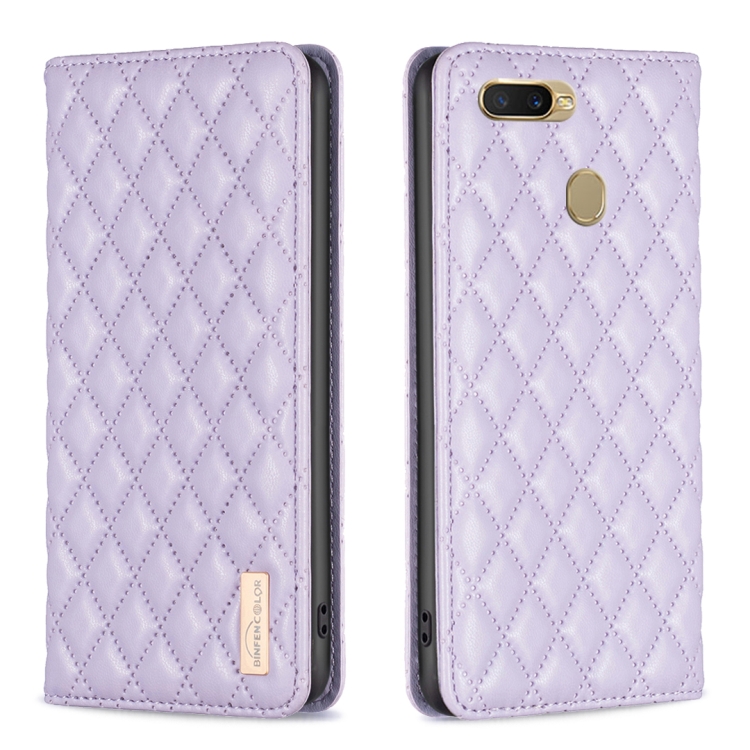

For OPPO A7 Diamond Lattice Magnetic Leather Flip Phone Case(Purple)