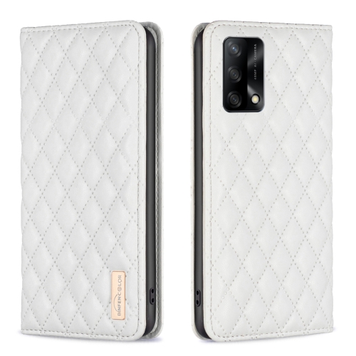 

For OPPO A74 4G / F19 4G Diamond Lattice Magnetic Leather Flip Phone Case(White)