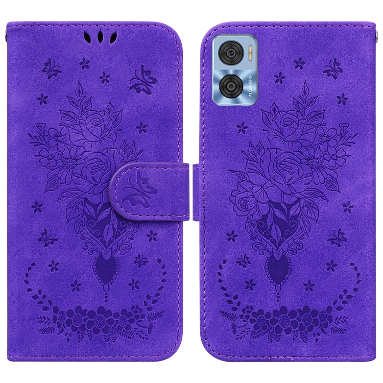 

For Motorola Moto E22/E22i Butterfly Rose Embossed Leather Phone Case(Purple)