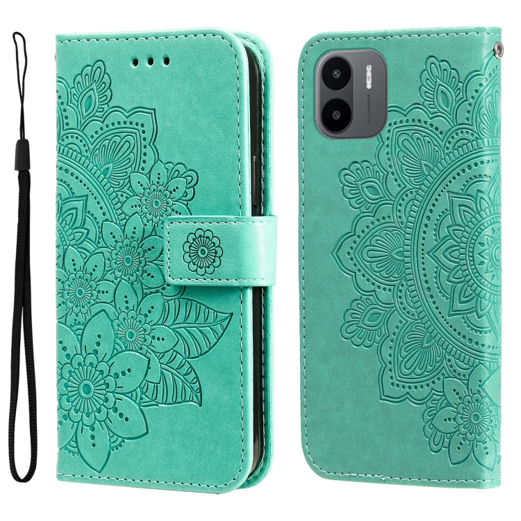 

For Xiaomi Redmi A1 4G 7-petal Flowers Embossing Leather Phone Case(Green)