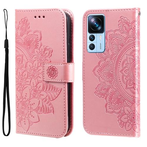 

For Xiaomi 12T / 12T Pro / Redmi K50 Ultra 7-petal Flowers Embossing Leather Phone Case(Rose Gold)