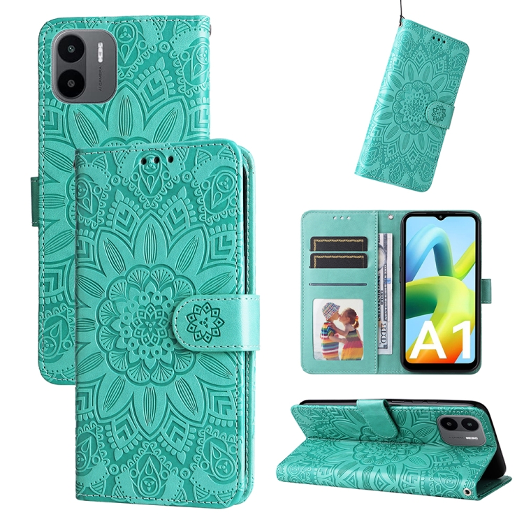 

For Xiaomi Redmi A1 4G Embossed Sunflower Leather Phone Case(Green)