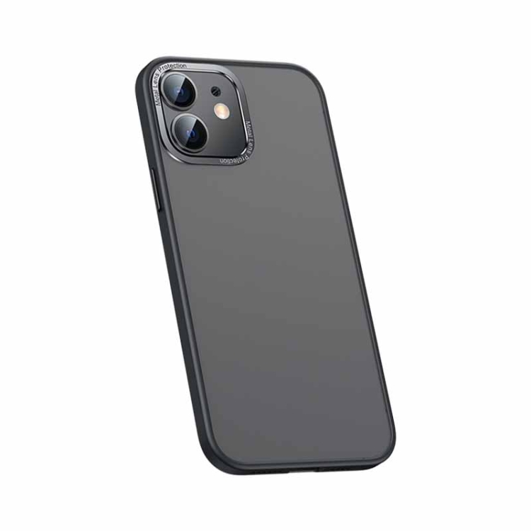 

For iPhone 12 Metal Lens Skin Feel Frosted Phone Case(Bright Black)