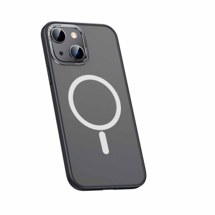 

For iPhone 14 Plus Metal Lens Skin Feel Frosted Magsafe Phone Case(Bright Black)