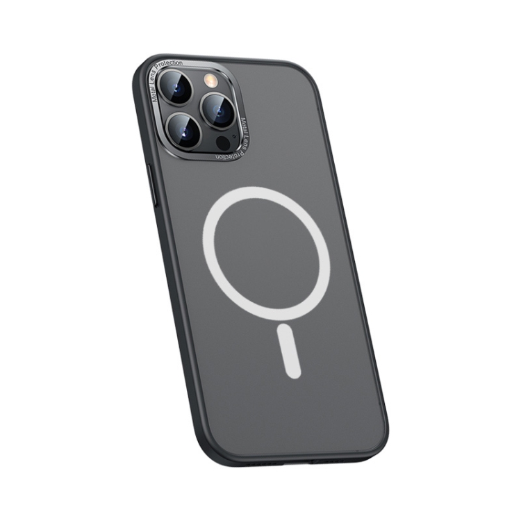

For iPhone 12 Pro Max Metal Lens Skin Feel Frosted Magsafe Phone Case(Bright Black)