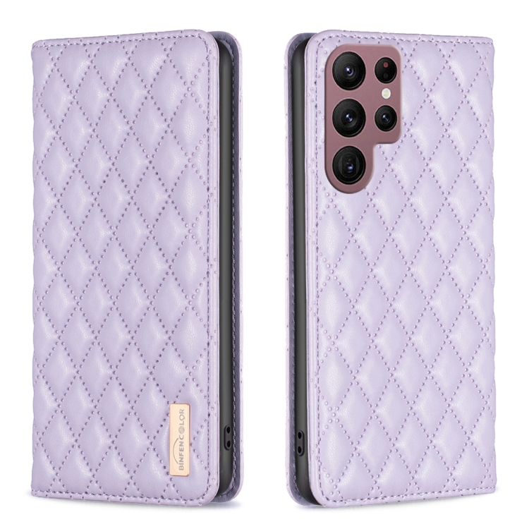 

For Samsung Galaxy S22 Ultra 5G Diamond Lattice Magnetic Leather Flip Phone Case(Purple)