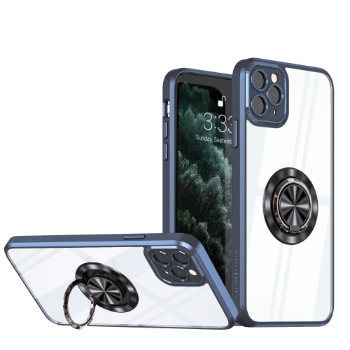 

For iPhone 14 Pro Cool Armor Ring Holder Transparent Phone Case(Navy Blue)