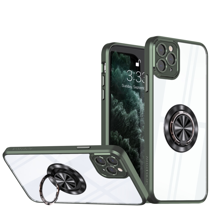 

For iPhone 14 Pro Cool Armor Ring Holder Transparent Phone Case(Dark Green)