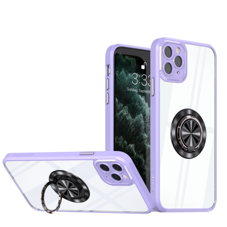 

For iPhone 14 Pro Cool Armor Ring Holder Transparent Phone Case(Purple)