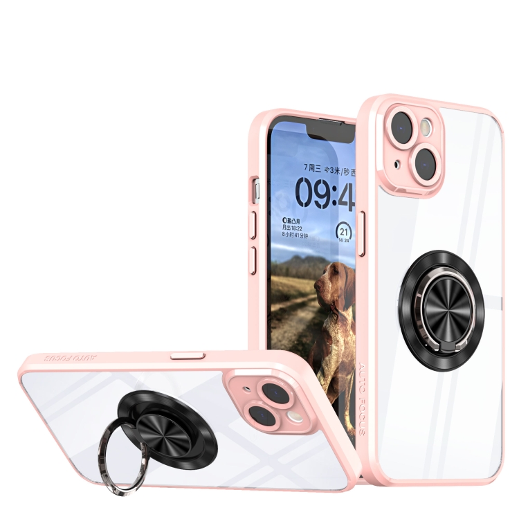 

For iPhone 14 Plus Cool Armor Ring Holder Transparent Phone Case(Pink)