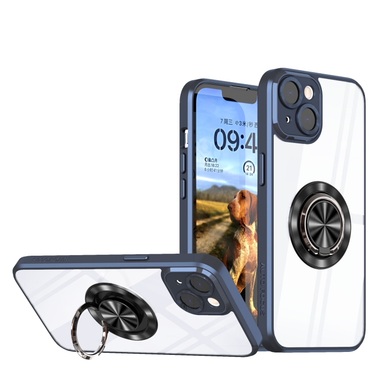

For iPhone 13 Cool Armor Ring Holder Transparent Phone Case(Navy Blue)