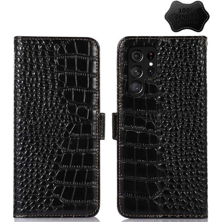 

For Samsung Galaxy S23 Ultra 5G Crocodile Top Layer Cowhide Leather Phone Case(Black)