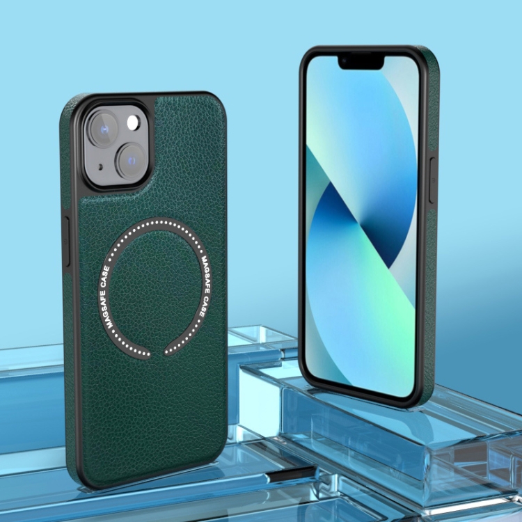 

For iPhone 14 Leather MagSafe Magnetic Phone Case(Dark Green)